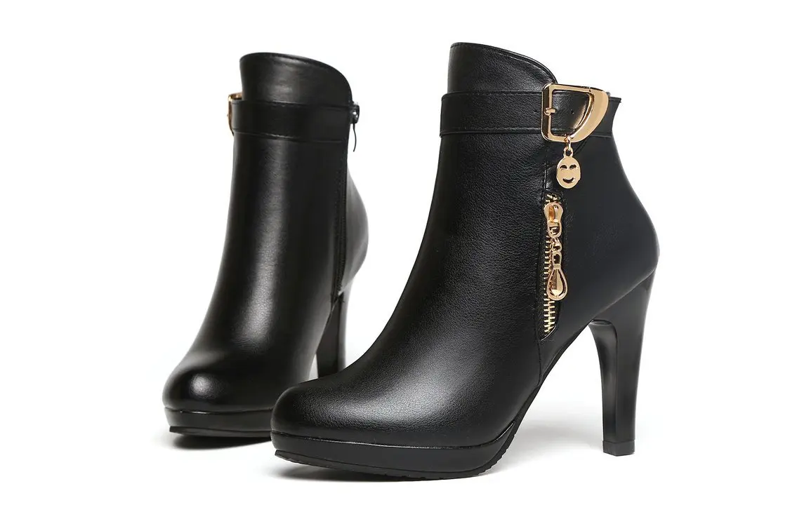 Women Boots Short High Heels Shoes For Women Autumn Winter PU leather Stiletto heel ankle Ankle Boots Black Women Heels Boots