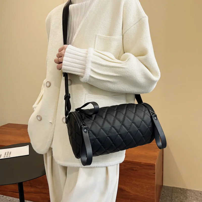 

Fashion Ccylinder Woman Shoulder Bag Nylon Rhombus Crossbody Bag and Purse High Quality Ladies Handbag Youth Travel Phone Bag