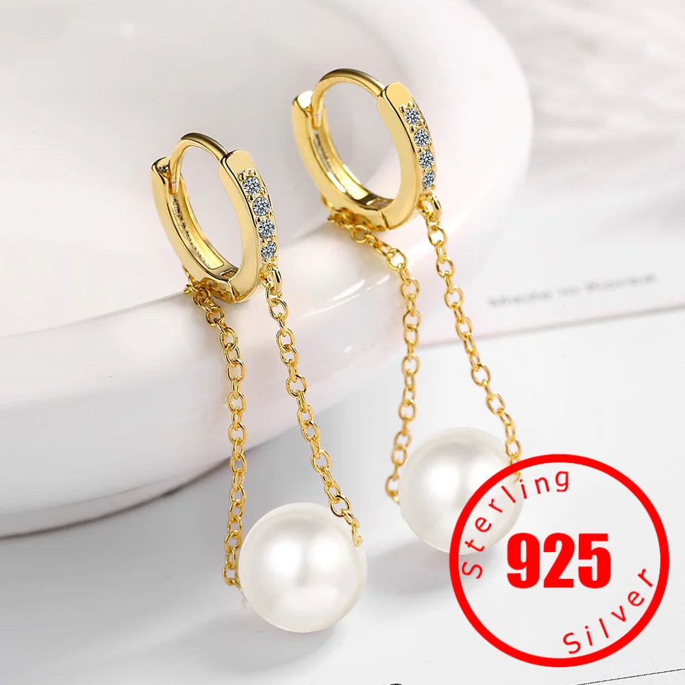 Женские серьги-кольца из серебра 925 пробы с цирконом и жемчугом