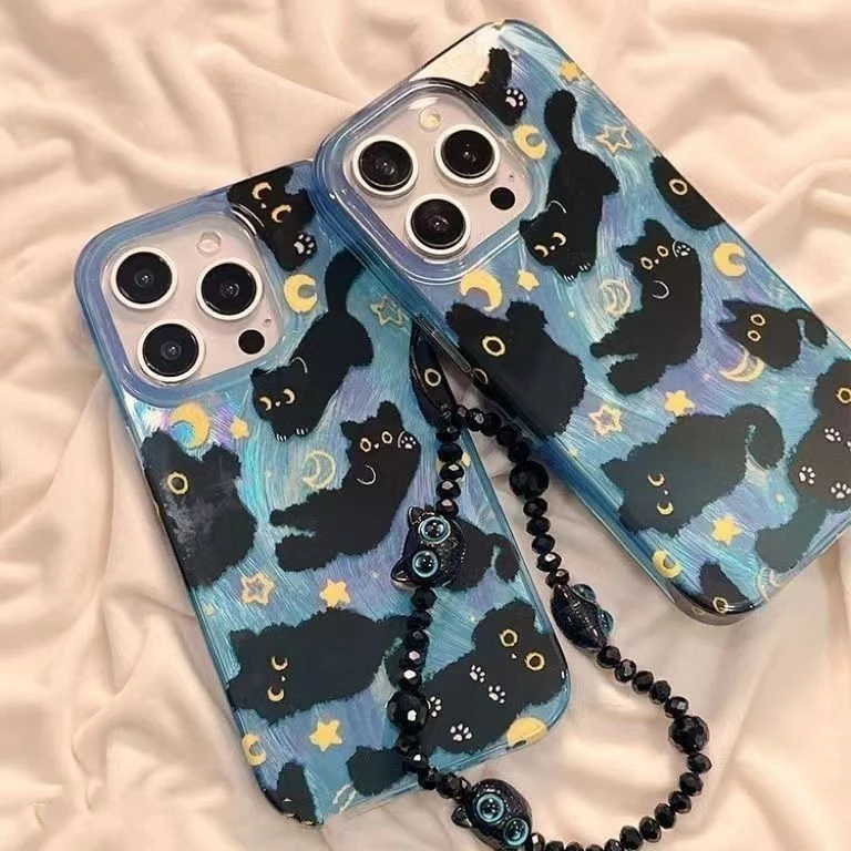 Фото Чехол для телефона с рисунком Dreamy Moon Cute Cat Doodle для iPhone 16e 16 15 14 13 12 11 Pro Max X Xs XR XSMax Plus с текстурой перьев №1