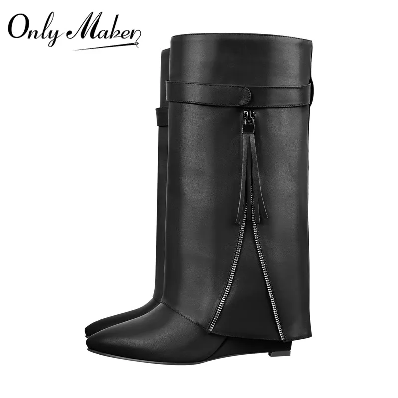 

Onlymaker Knee High Boots Woman Pointed Toe Black Red Wedge Heel Fold Over Matte Boots Winter Fashion Big bSize Modern Boots