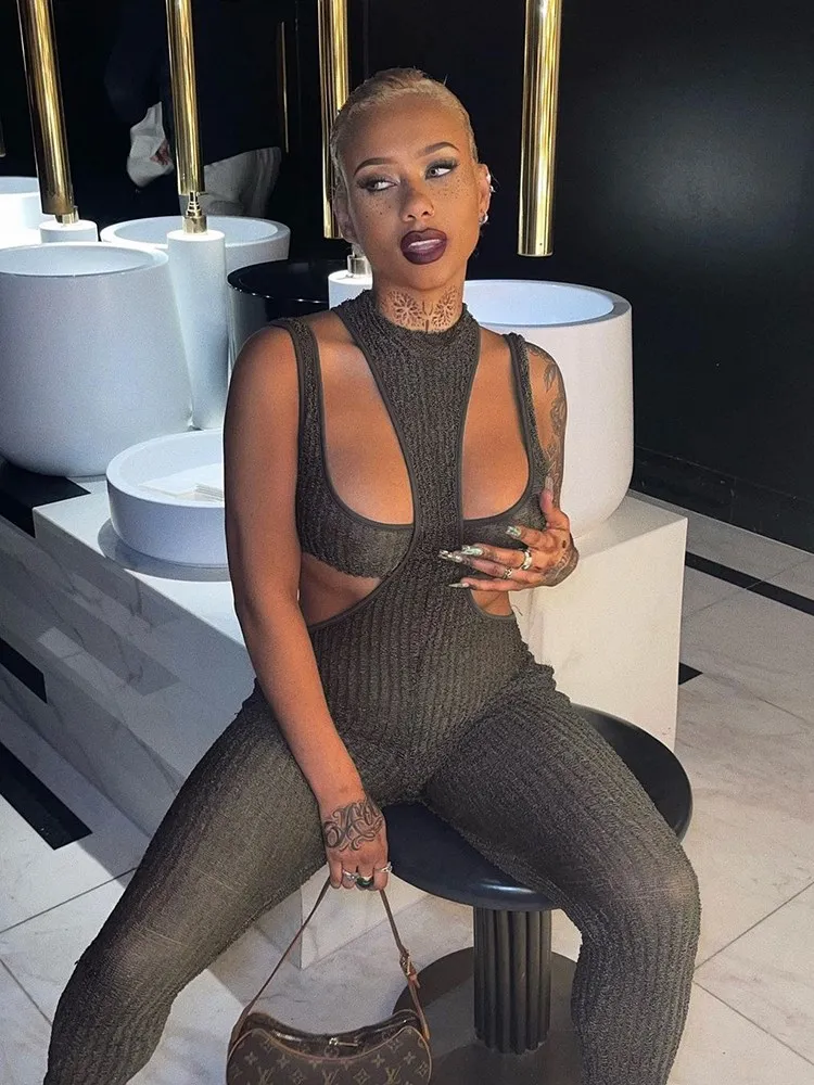 

Женский трикотажный комбинезон на бретельках, повседневный облегающий однотонный комбинезон с вырезами и высокой талией в уличном стиле д...