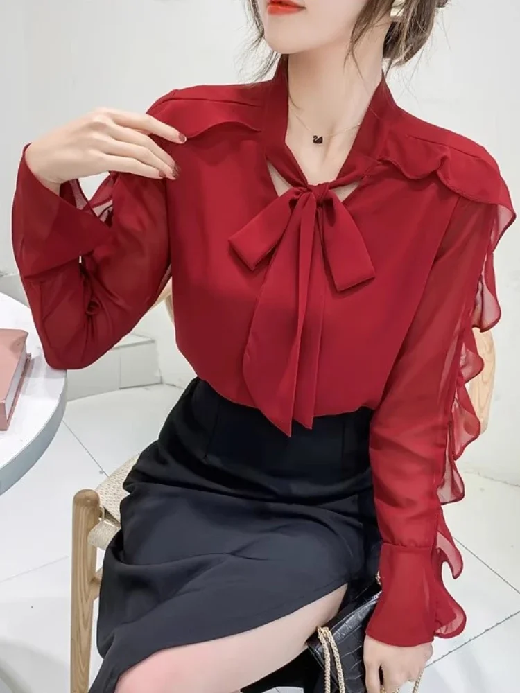 Элегантная шифоновая рубашка с бантом Женская офисная одежда осенняя модная