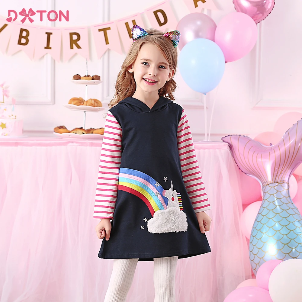 DXTON Girls Autumn Spring Long Sleeve Clothes Kids Rainbow Unicorn Cartoon Appliqued Hooded Dress Children Casual Cotton Dresses