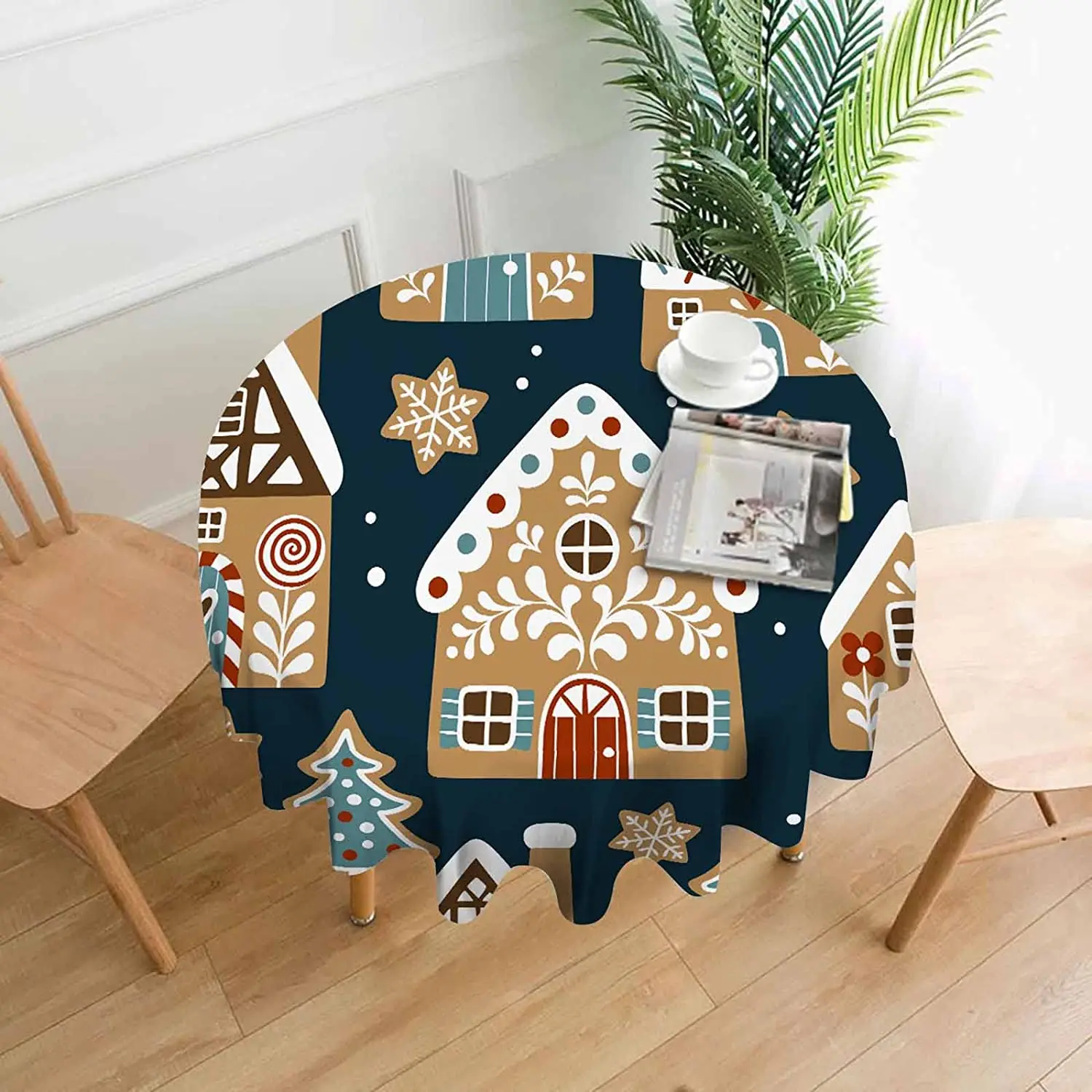 

Round Tablecloth Cute Gingerbread Houses Cookies,Dark Blue Xmas Tree Christmas Table Decorations for Picnic Kitchen Party