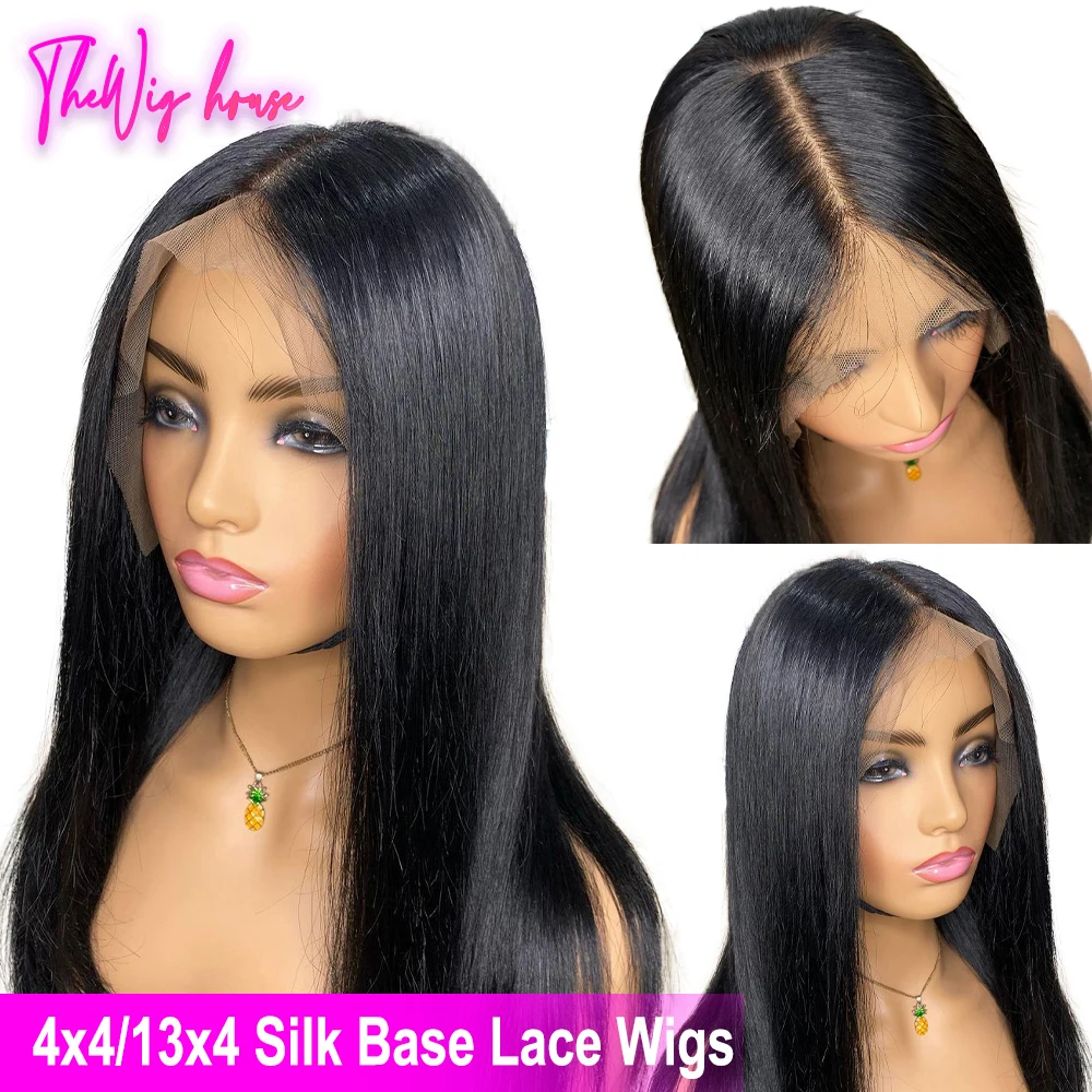 

Straight 4x4 Silk Base Closure Wig Remy Brazilian Hair Natural Color 13x4 Silk Base Frontal with Bleached Knots Middle Part