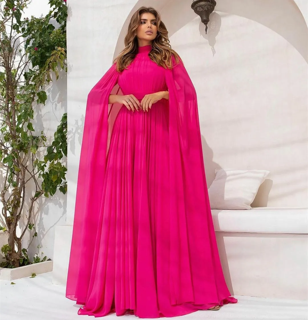 

Элегантное длинное вечернее платье с высоким воротником и накидкой, ТРАПЕЦИЕВИДНОЕ пурпурно-красное шифоновое платье в пол для выпускного вечера для женщин