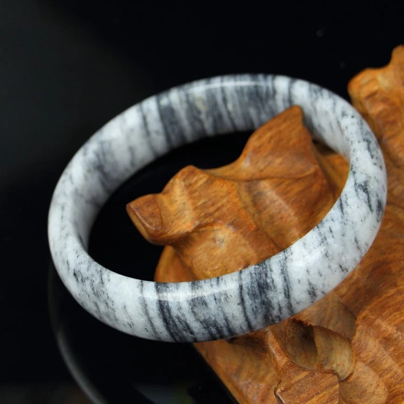 

Natural Gobi Jade Hand Carved Round Wide Bangle Fashion Boutique Jewelry Women's Blue and White Beauty Bracelet