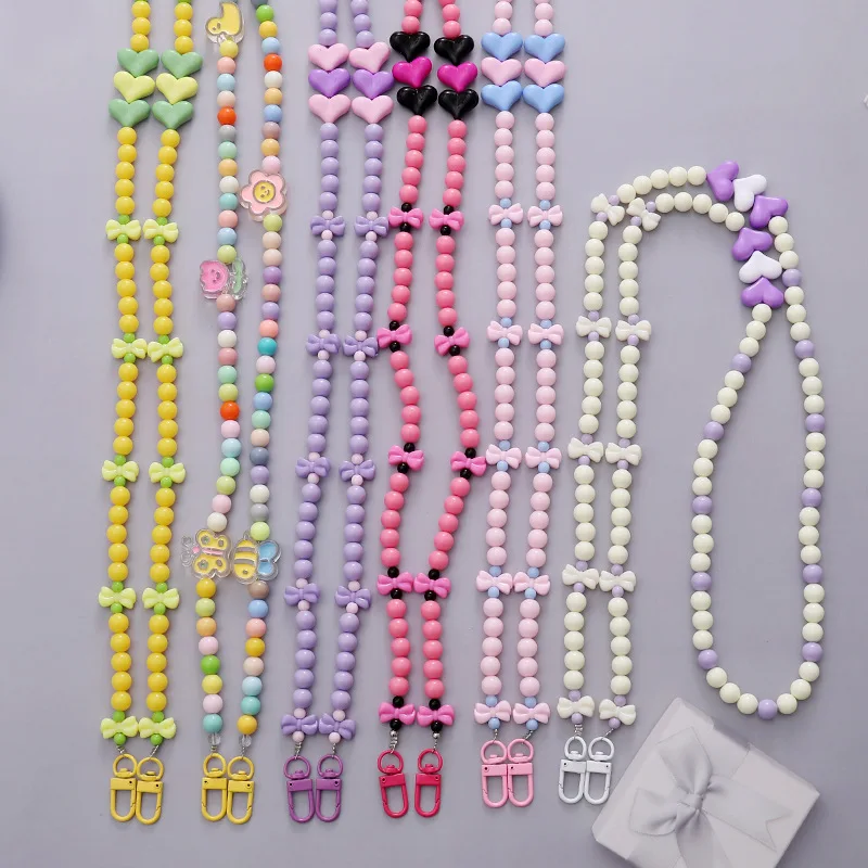 

120cm Long Chain Colorful Lovely Heart Charm Mobile Phone Chain Imitation Pearl Bag Accessories Chain Lanyard Women Jewelry Gift