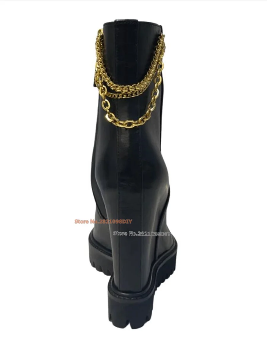 Metal Chains Black Leather Wedge Boots Women High Heel Ankle Boot Height Increased Chunky Heeled Pointed Toe Shoes