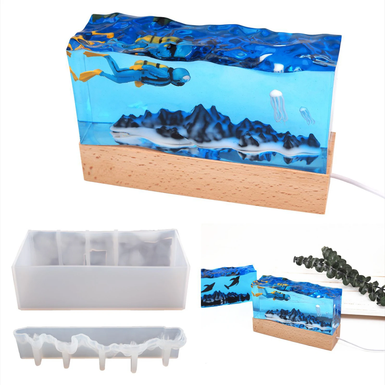 

Mountain Sea Silicone Mold Rectangle Light 3D Silicone Mold Mountain Sea Wave Mold With Wooden Lighted Base Exquisite Desktop