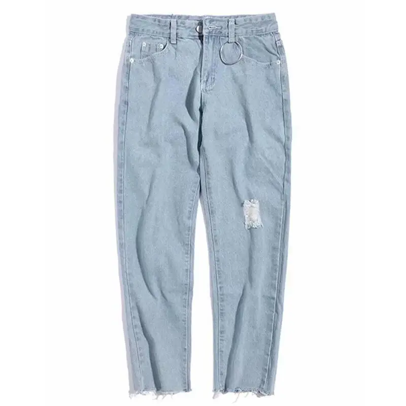 Summer Ripped Jeans Men's Loose Casual Student Versatile Cropped Pants Korean Style Trendy Light Color Pants Men's and Women's T