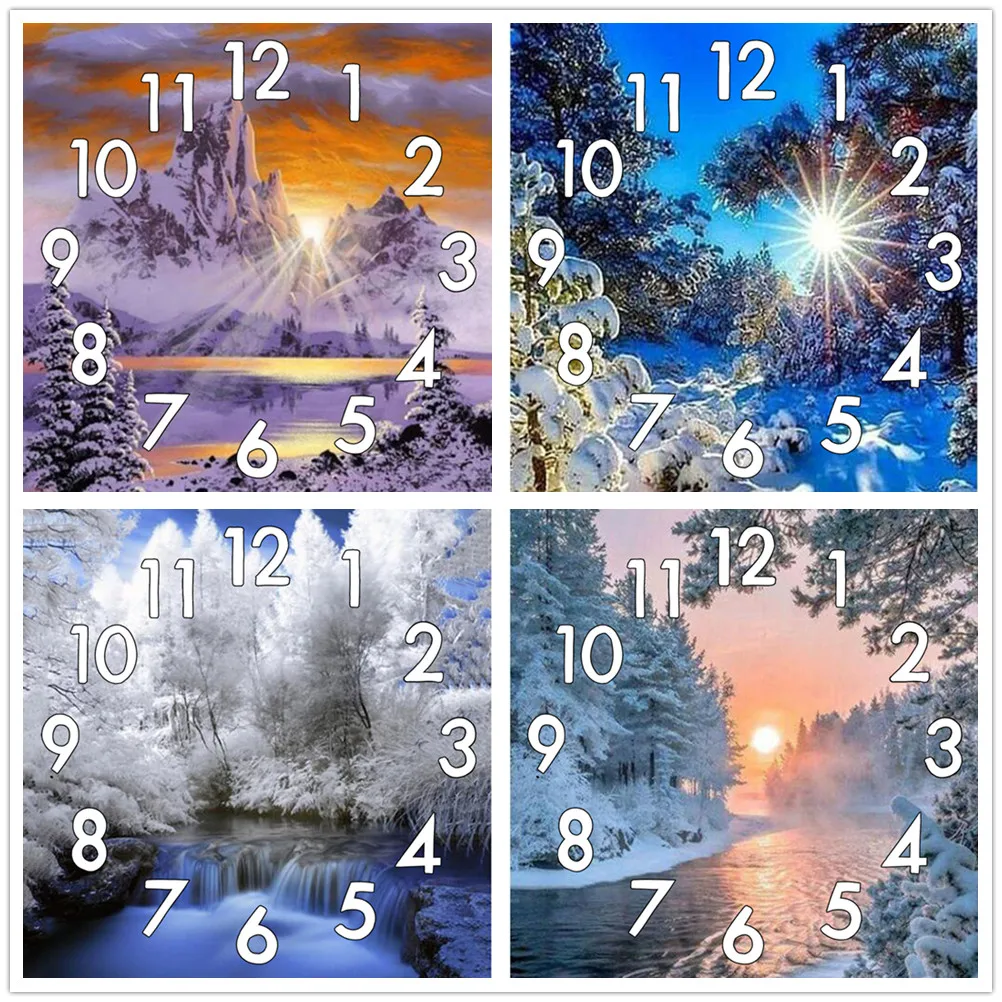 

Full Diamond Painting Kit Cross Stitch Snow With Clock Mechanism Mosaic 5D Diy Square Round Embroidery Birthday Gift