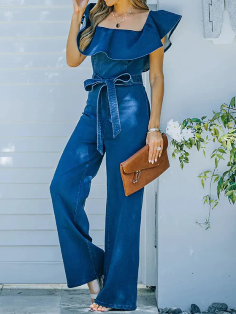 

Commute Square Clollar Women Denim Jumpsuit 2022 Lace-up Elegant One Piece Rompers New Summer Spring Long Pant Office Overall