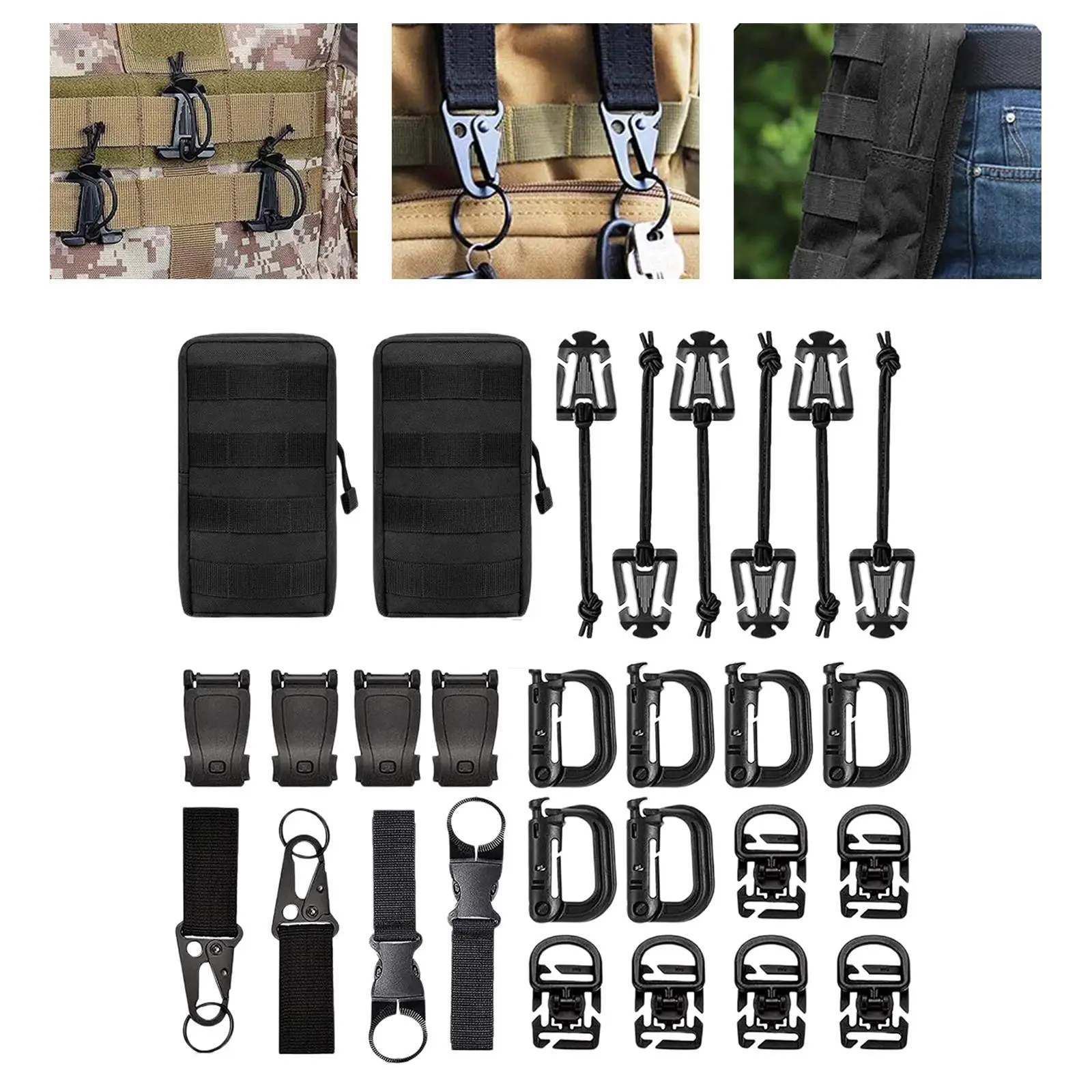 

Molle Accessories Set Tactical Backpack Webbing Strap Tactical Belt Outdoor Tools with Zippered Pouch Locking Gear Clip