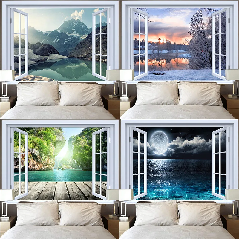 

Window Scenery Tapestry Wall Cloth Landscape Wall Cloth Decoration Living Room Home Furnishing Background Mural