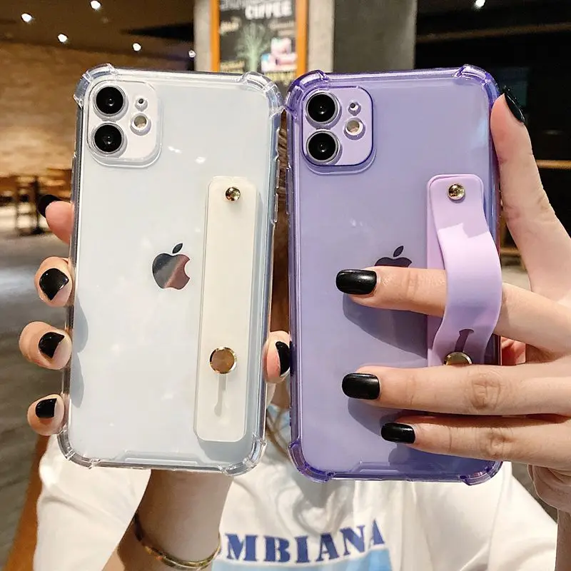 

Fluoresce Transparent Wrist Strap Phone Case For iPhone 11 12 13 Pro Max X XR Xs mini 7 8 Plus SE 2020 Kickstand Cases Cover
