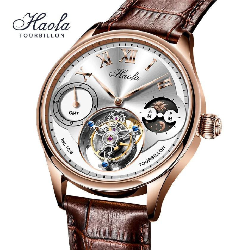 

Haofa Multifunction Real Tourbillon Movement Mens Watch Mechanical Sapphire GMT Moonphase Tourbillon Wristwatches montre homme