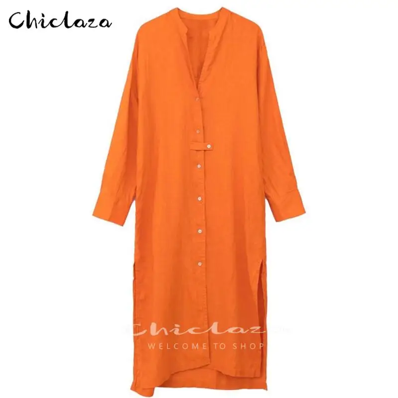 

CHICLAZA Women 2022 Spring Summer Casual Long Sleeve Solid Loose Beach Midi Shirt Dresses Female Ladies Vestidos