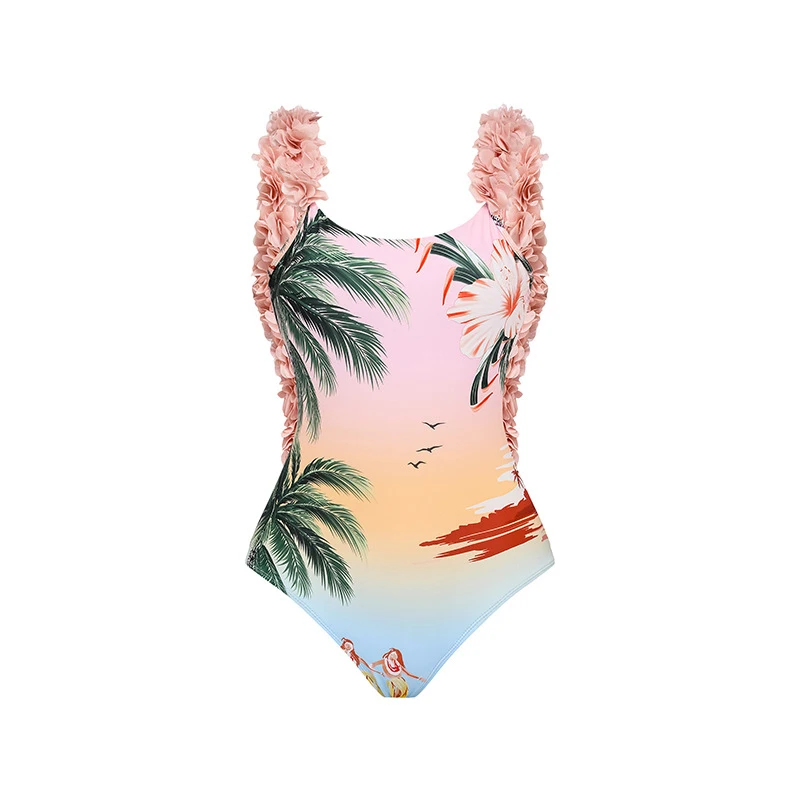 

Swimsuit Women Kimono Bikini Korea Fashion Summer 2023 Set New Three Piece Flower Female One Print Polyester Surf Swimwear Woman