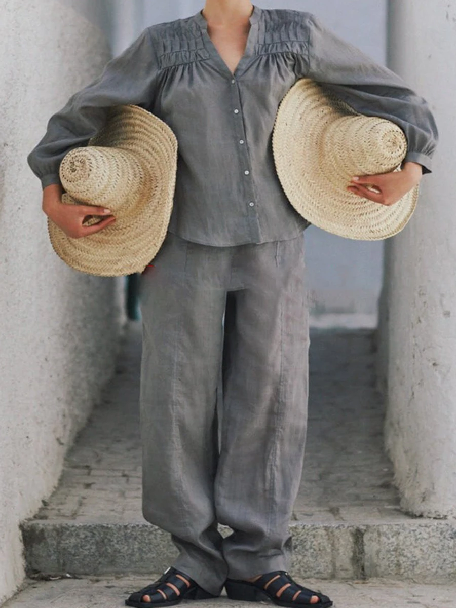 

Однотонные винтажные брючные комплекты 2023, осенняя плиссированная рубашка с V-образным вырезом и длинным рукавом и брюки на шнурке, повседневный Модный комплект из 2 предметов