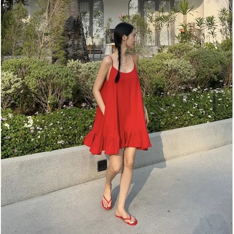 Свободное платье на бретельках во французском стиле свободное короткое в