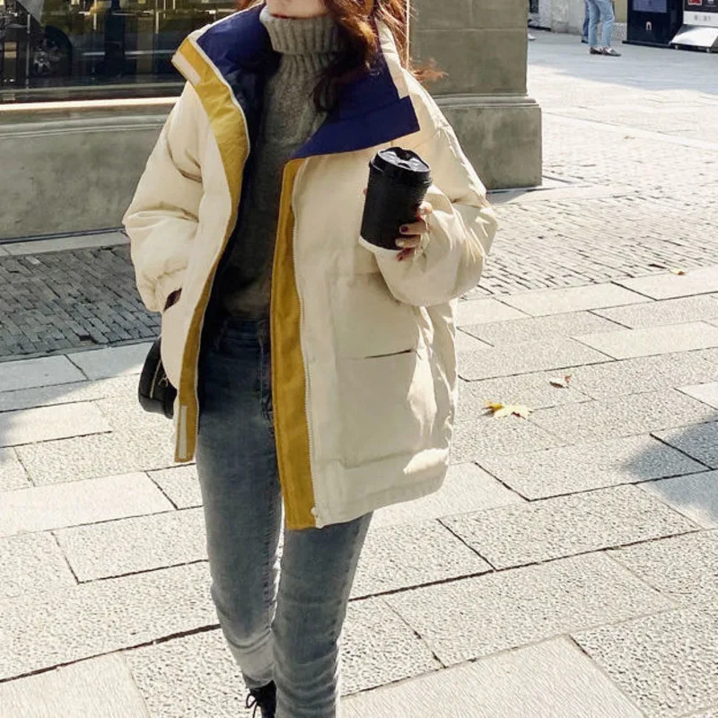 Winter Jacket Women Cotton Padded Bread Coat Fake Two Stand Collar Thickened Loose Black Warm Streetwear Bubble Coat Fashion