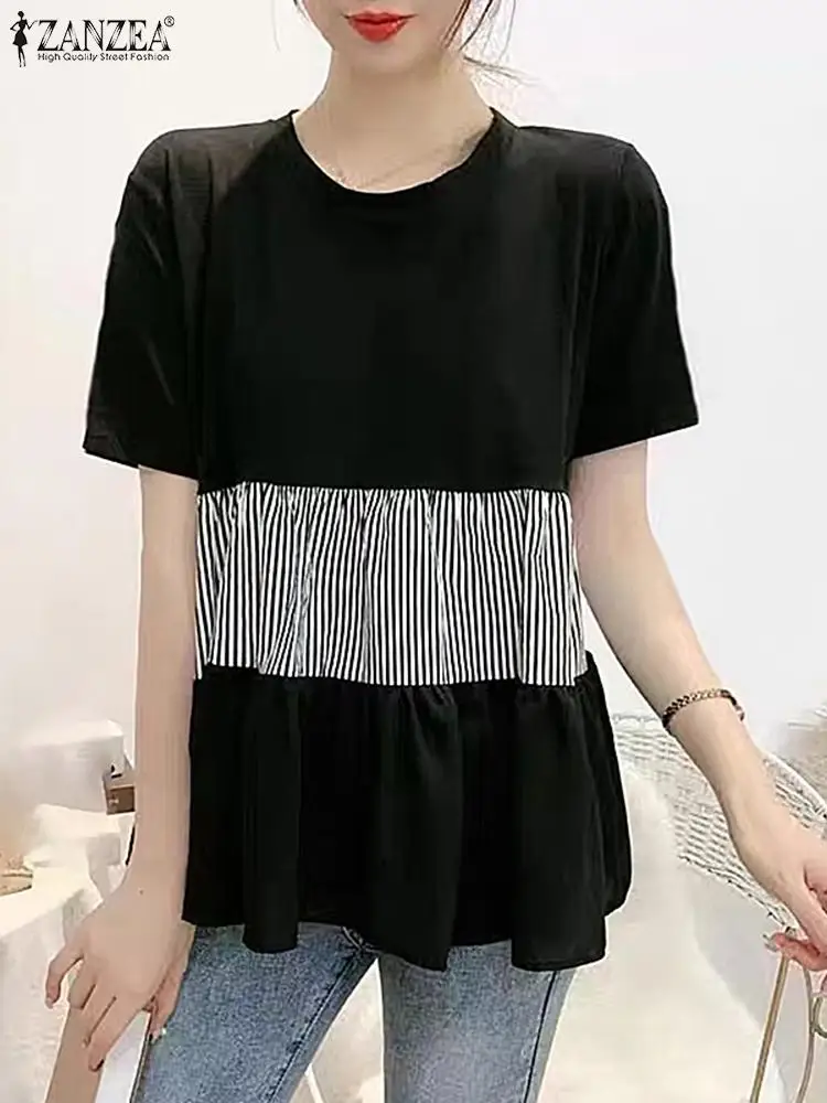 

Stylish Women Short Sleeve Patchwork Blouse ZANZEA Summer Striped Shirt Casual O Neck Loose Casual Holiday Blusas Female Tops