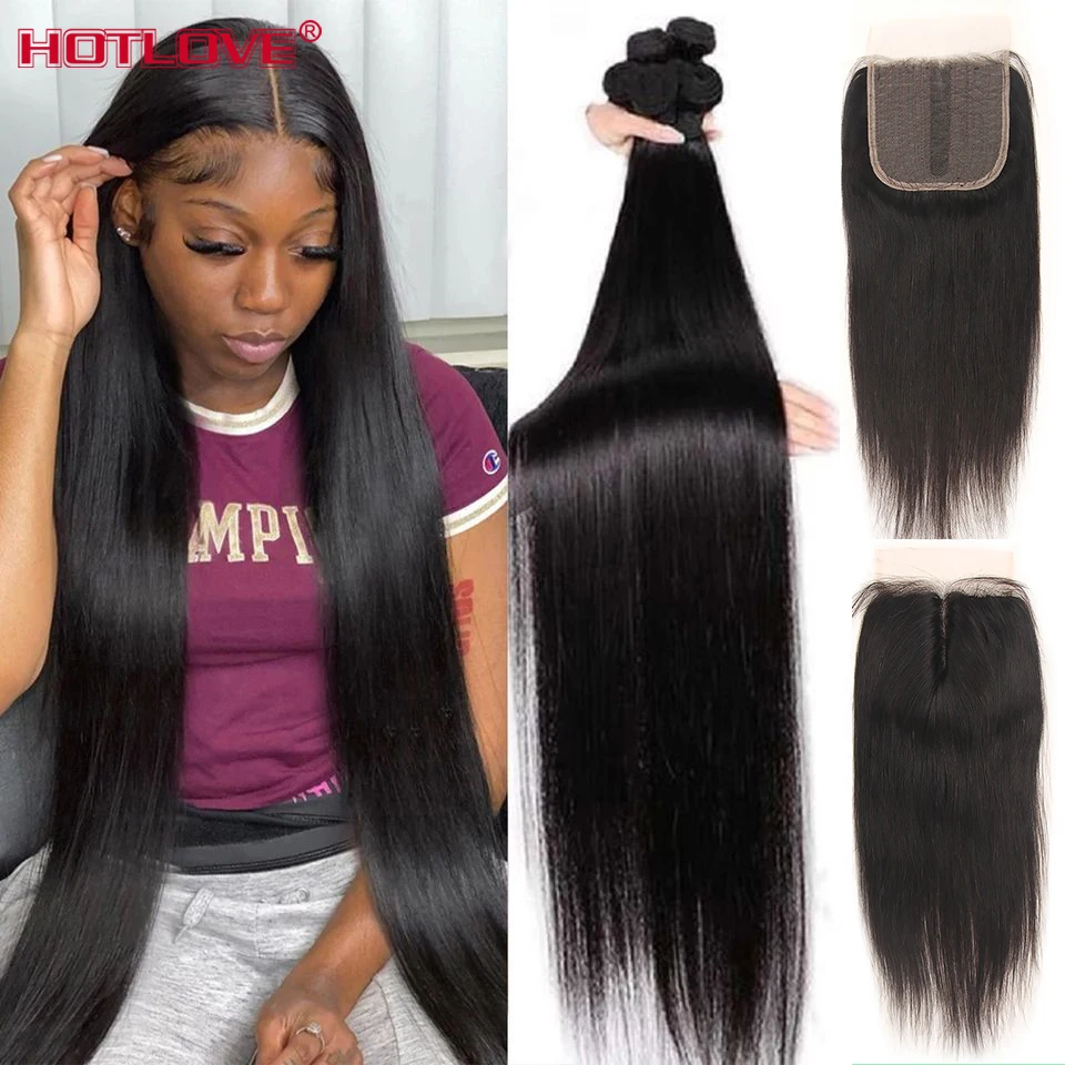 36 38 40 inch Straight Bundles With Closure Pre Plucked Human Hair Weave Bundles With Closure Brazilian Remy long Hair Extension