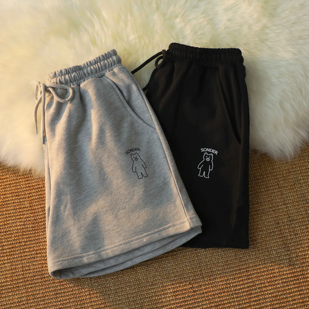 High Waist Women Shorts Korean Cartoon Bear Embroidery Shorts Casual Loose Cotton Wide Leg Sport Shorts Female Summer Bottoms