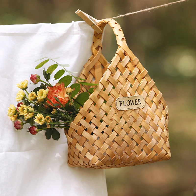 

Montessori Kindergarten Nature Handmade wood chip woven handbag ins rattan flower basket pastoral style storage basket baby aid