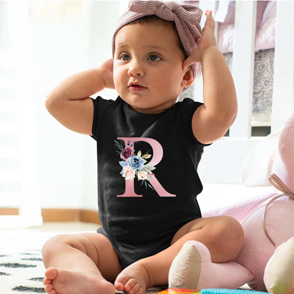 

Summer Newborn Baby Romper Infant Bodysuit Cotton Black Short Sleeve Baby Body Clothes 0-24M Fun Creative Initial Gift Costume