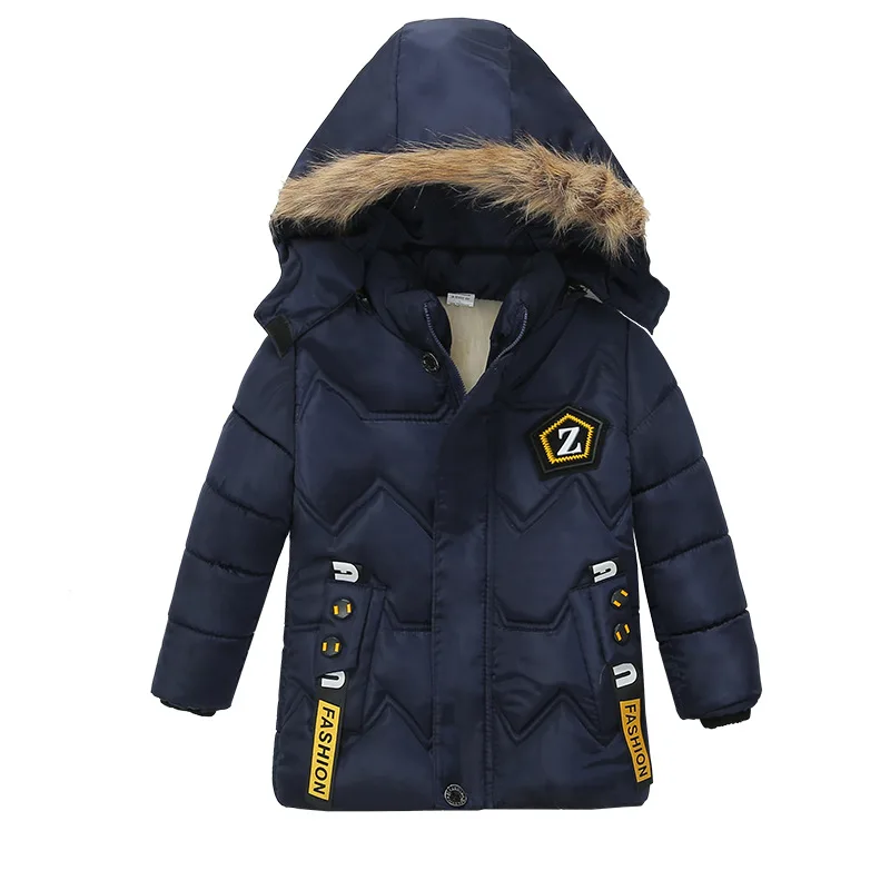 

Toddler Winter Boys jacket Lining Plus Fleece Warm Fur Collar Hooded Heavy Long Coat For Kids Children Windbreaker Outerwear