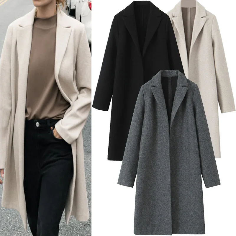 

TRAF Autumn Long Jacket For Women 2023 Felt Texture Open Coat Woman Lapel Long Sleeve Windbreaker Side Pockets New In Outerwears
