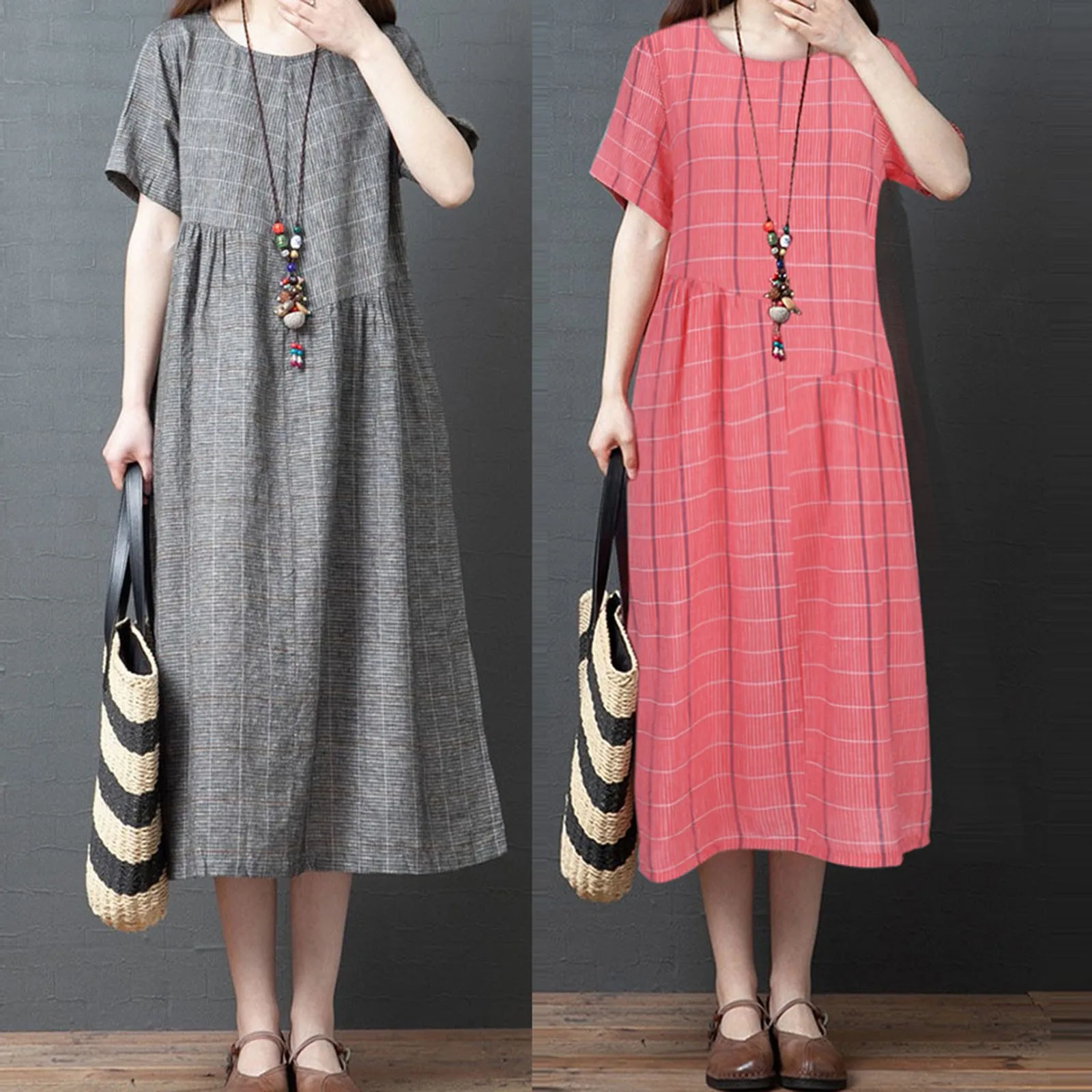 

Модное свободное летнее платье с коротким рукавом, на пуговицах, в полоску, из хлопка и льна, винтажное платье, женское праздничное Повседне...