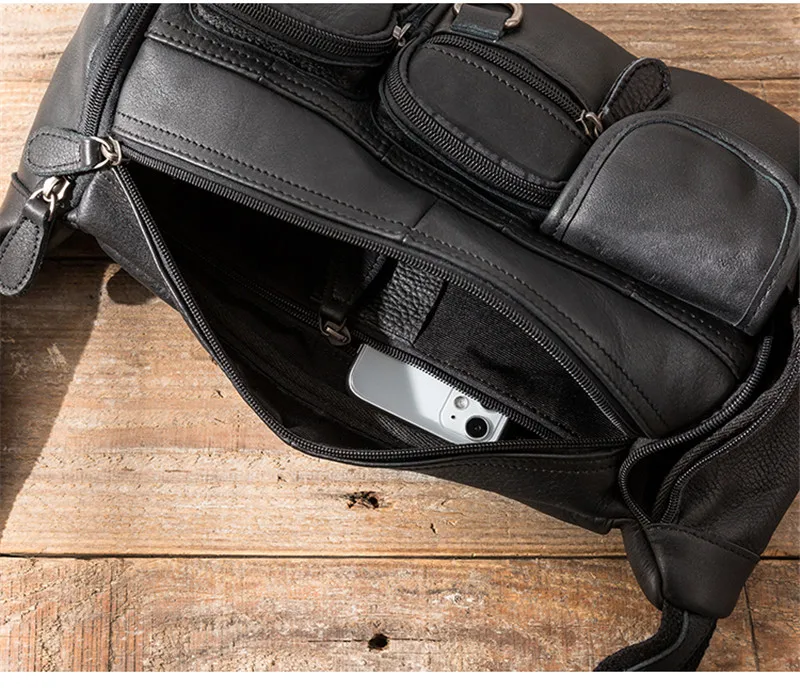 Retro fashion designer first layer cowhide men black chest bag summer light outdoor work Multi-pocket real leather messenger bag