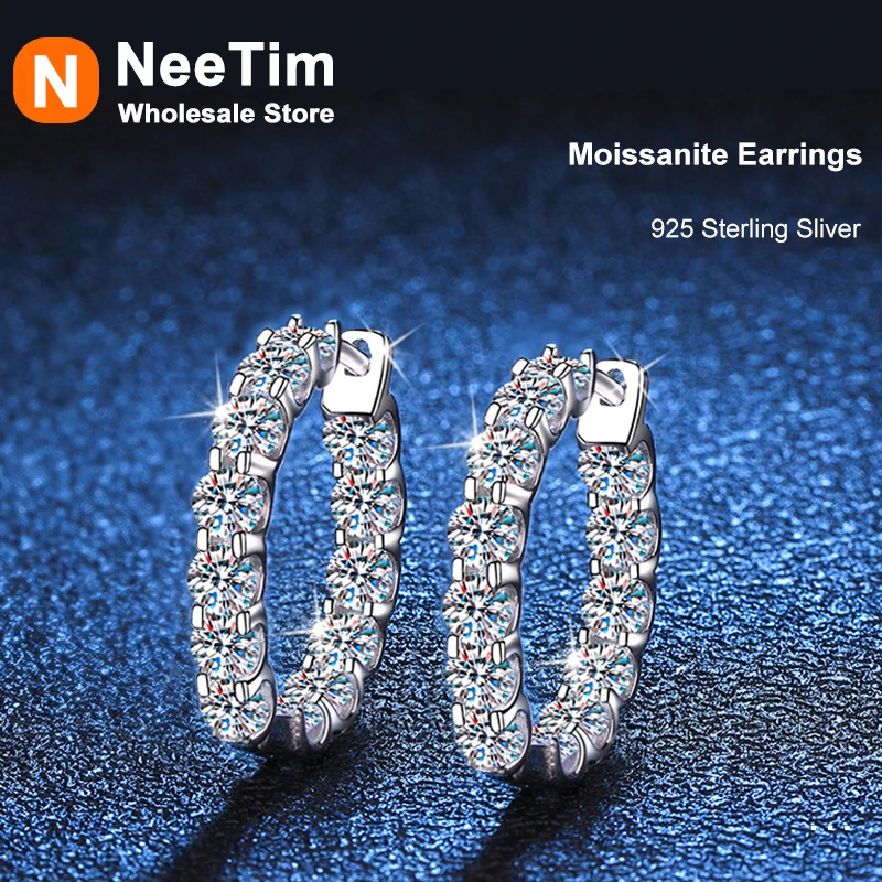 

Neetim Hoops 100% 925 Sterling Silver Real 3mm Moissanite Stud Earrings For Women Sparkling Jewelry Gifts with GRA Certificate