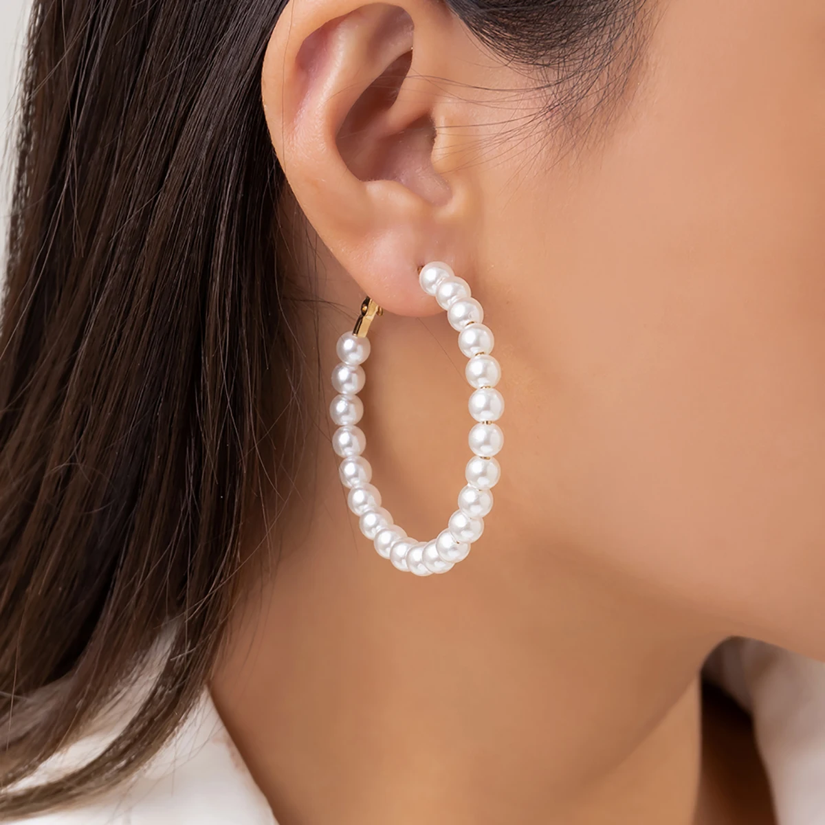 

Salircon Korean Elegant Imitation Pearl Big Hoop Earrings Fashion Metal Flower Earrings For Women Charm Wedding Jewelry