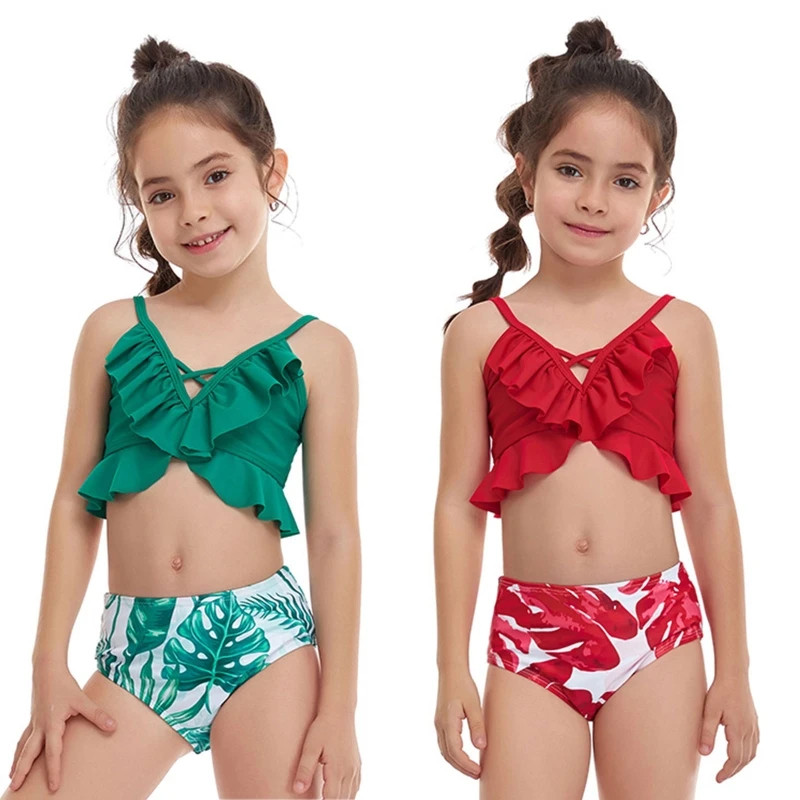 

Two Piece Swimsuit Ruffle Swimwear Bikini Set Girls' Tankini Sets Adjustable Straps Printed Swimsuit for Summer-Beach