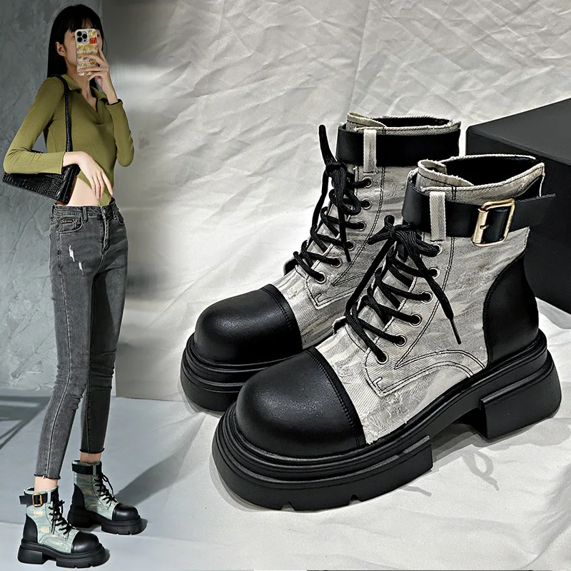 

Модные трендовые ботинки для верховой езды, новинка 2023 года, модные ботинки на шнуровке, байкерские ботинки из денима