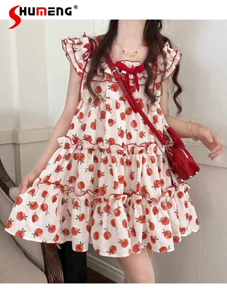 

Sweet Apple Pie Printed Mini Slip Dress for Women Temperament Fairy Girl Lace-up Boat Neck Sleeveless Floral Short Strap Dresses