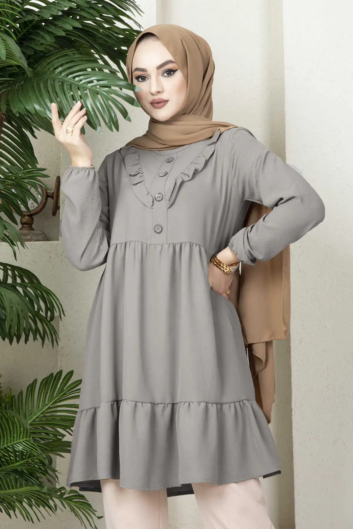 

New Fashion Muslim Front Frilly Button Detailed Tunic Dress Women Ramadan Evening Dress Hijab Africa Dubai Turkey Turkish Made