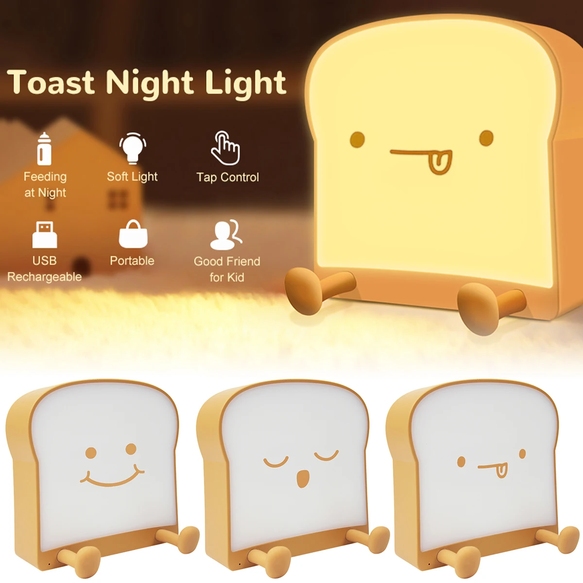 

Toast LED Night Light Dimmable Bread Table Lamp USB Rechargeable Bedside Touch Lamp Bedroom Children Kids Nightlight Home Decor
