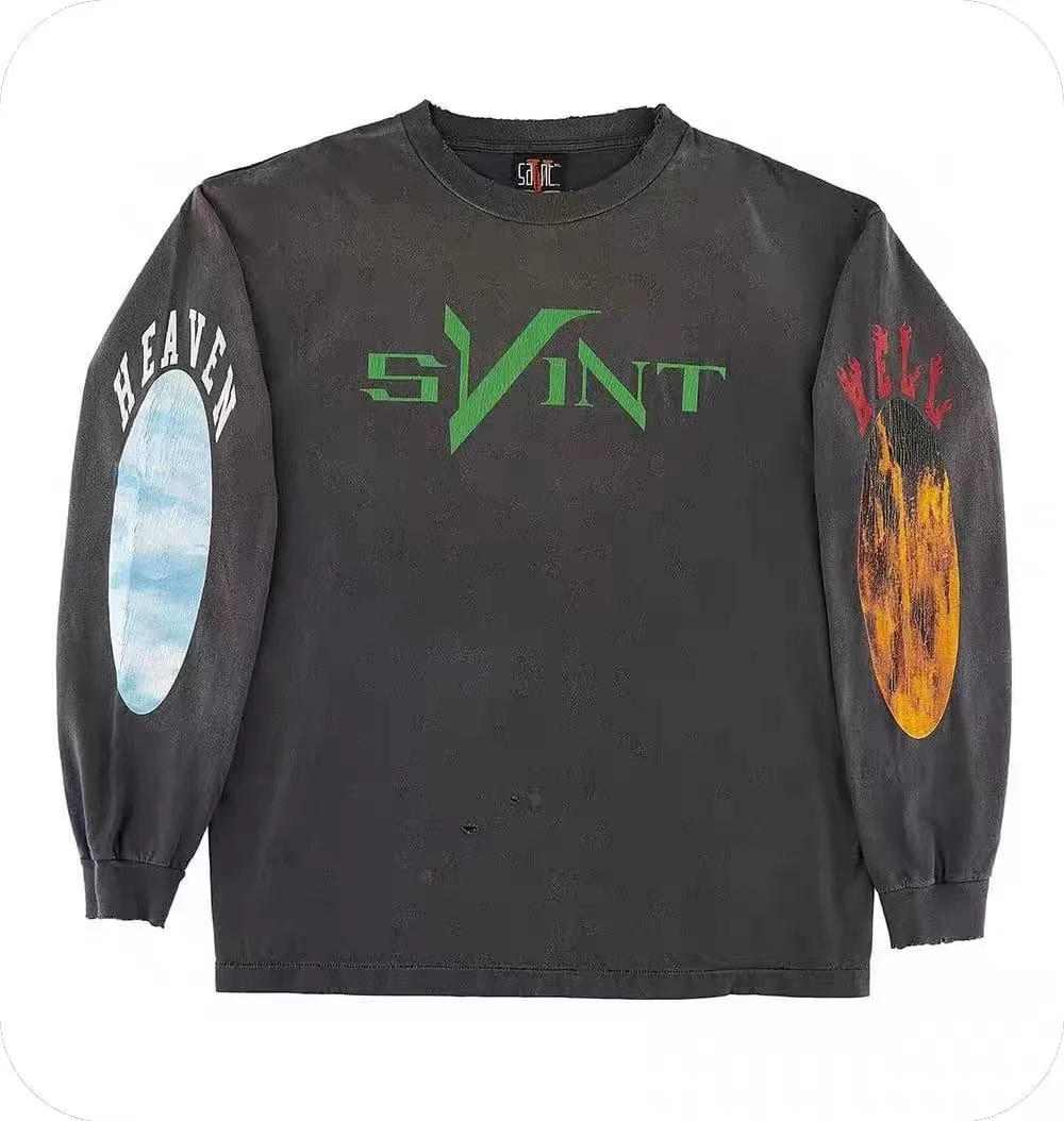 

Long Sleeve SAINT MICHAEL Wash Grey T Shirt Men Women 1:1 High Quality Vintage T-shirt Tops Tee