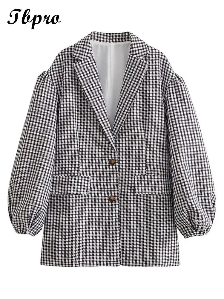 

Fashion Lantern Sleeve Lapel Check Jacket Women Elegant V-neck Coat 2023 New Spring Autumn Chic Office Female Short Outwear