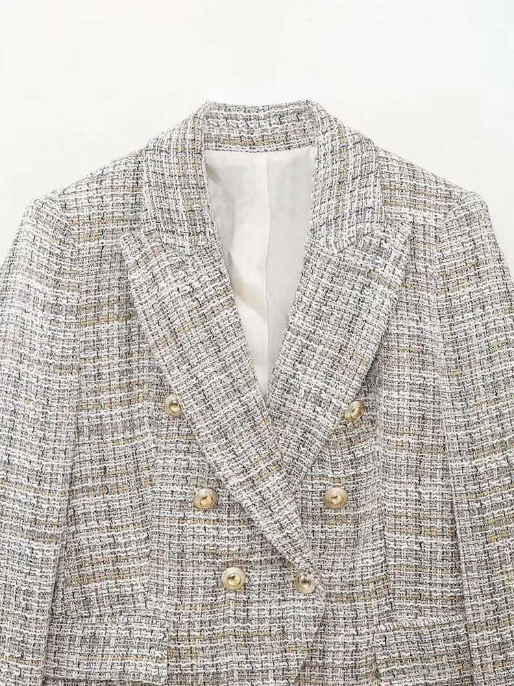 Jenny&Dave England Style Breased Fashion Blazers Casual Texture Tweed Double Jacket Women Tops