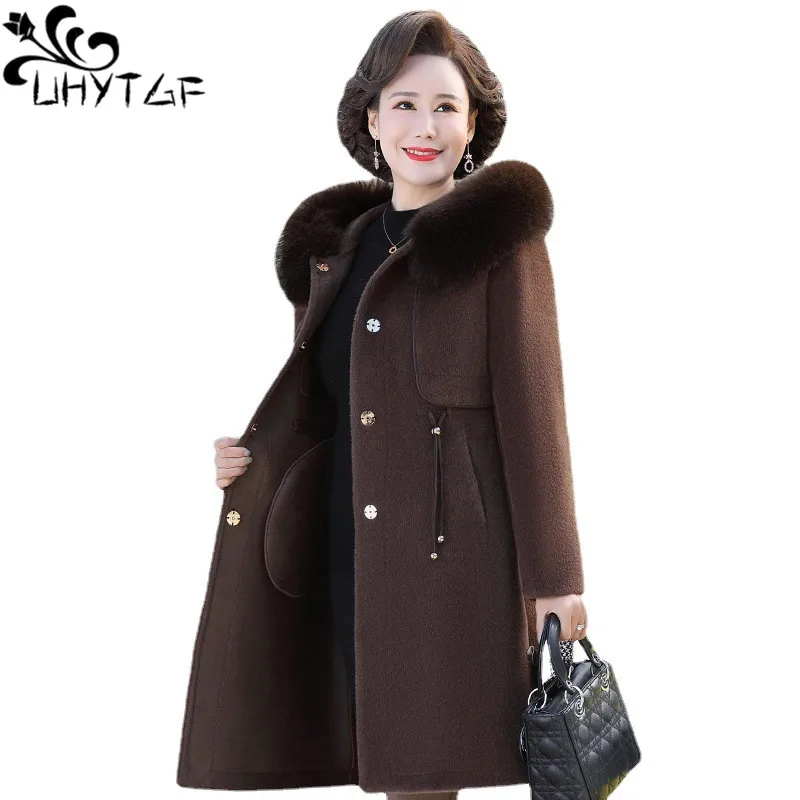 

UHYTGF Imitation Mink Velvet Autumn Winter Wool Coat For Women High-End Windbreaker Hooded Warm Jacket Female Long Outewear 2391