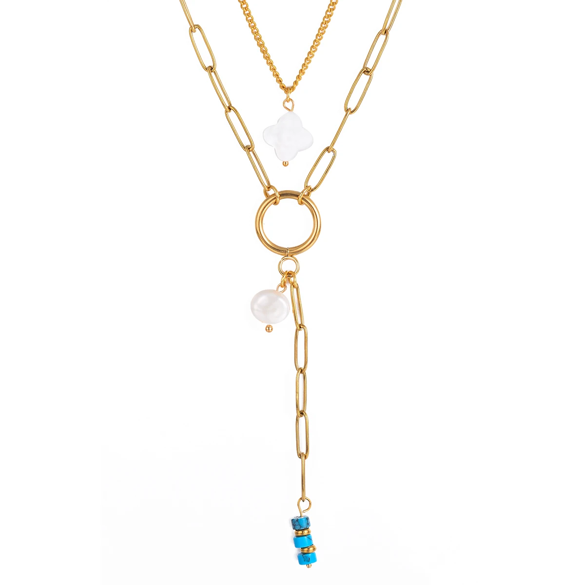 

Fashion Stainless Steel Double Layer 18k Gold Plated Link Chain Pearl Turquoise Tassels Charm Choker Necklace For Women