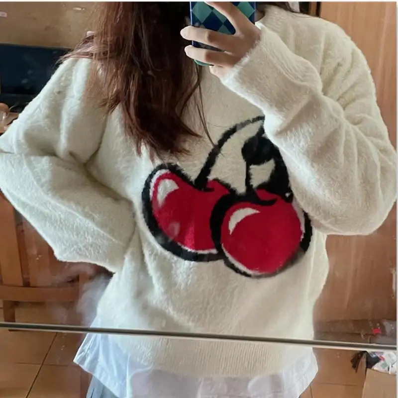 

Red Cherry Mink Velvet Pullover Sweater Women Sweet Lovely Beige Casual Loose Top Spring Fall Korean Clothing 2022 New