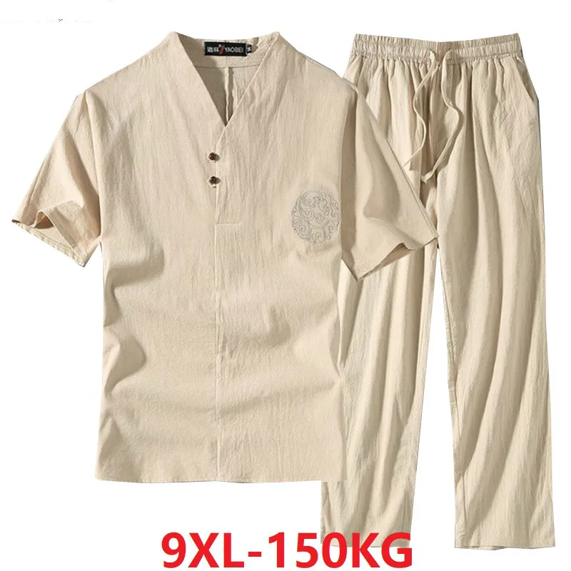 Abbigliamento uomo tuta di grandi dimensioni marito 2022 abito estivo t-shirt di lino moda uomo Set stile cinese 8XL 9XL plus due pezzi
